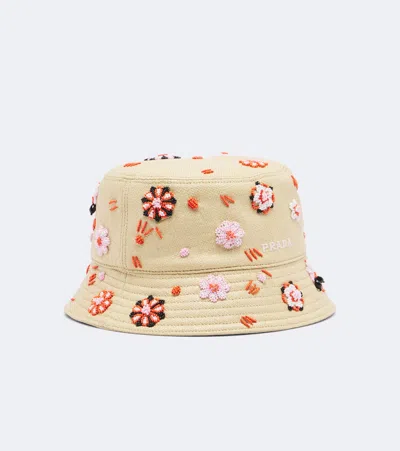 Prada Embroidered Canvas Bucket Hat In Neutral