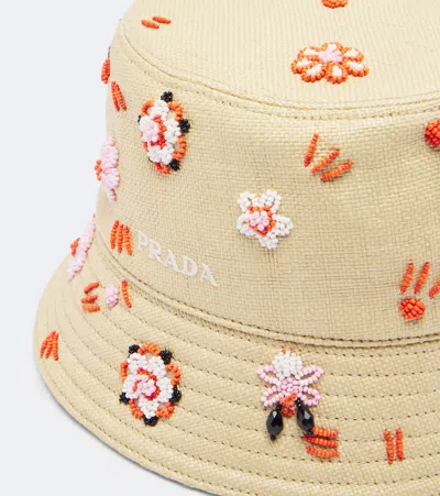 Prada Embroidered Canvas Bucket Hat In Neutral
