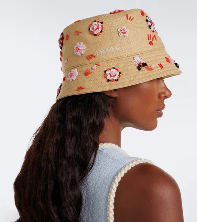 Prada Embroidered Canvas Bucket Hat In Neutral