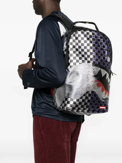 Sprayground Checkered Shark-print Backpack In Blue