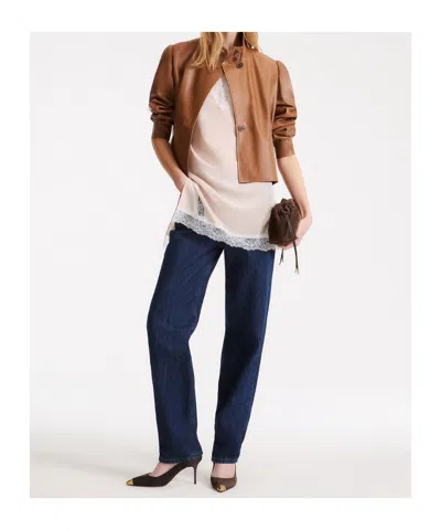 Marella Button-front Leather Jacket In Brown