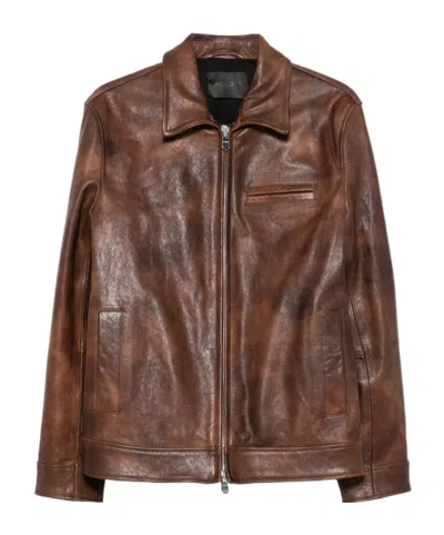 Dondup Lapel-collar Zip-up Leather Jacket In Brown