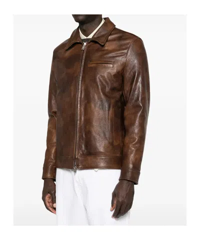 Dondup Lapel-collar Zip-up Leather Jacket In Brown