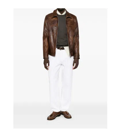Dondup Lapel-collar Zip-up Leather Jacket In Brown