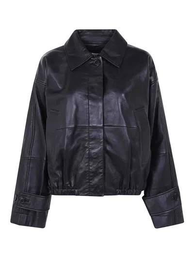 Rohe Cropped Leather Bomber Blouson Jacket With Dropped Shoulders In Black