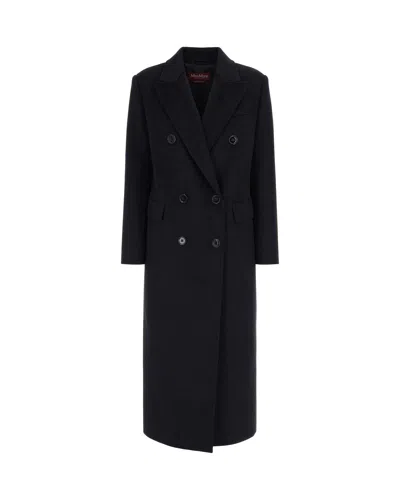 Max Mara Studio Double-breasted Virgin Wool Long Jacket In Black