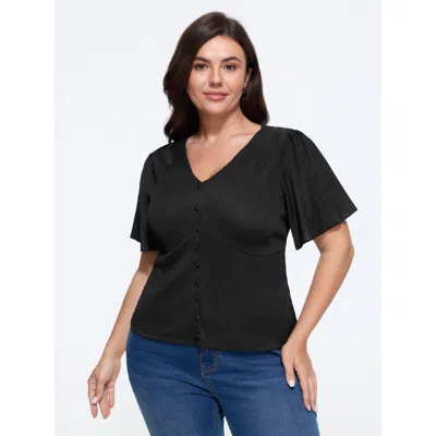Bloomchic Textured V‑neck Button Front Ruffled Sleeve Blouse In Black