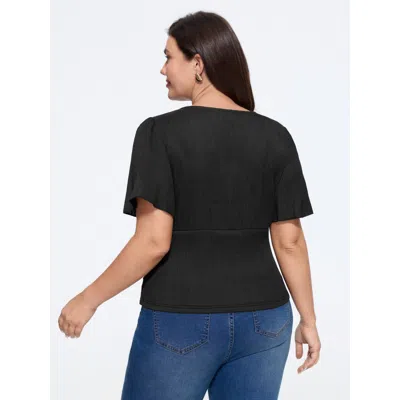 Bloomchic Textured V‑neck Button Front Ruffled Sleeve Blouse In Black