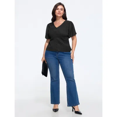 Bloomchic Textured V‑neck Button Front Ruffled Sleeve Blouse In Black