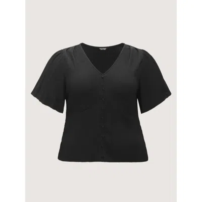 Bloomchic Textured V‑neck Button Front Ruffled Sleeve Blouse In Black