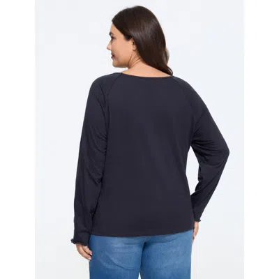 Bloomchic Textured V‑neck Raglan Long Sleeve Basic T-shirt In Blue