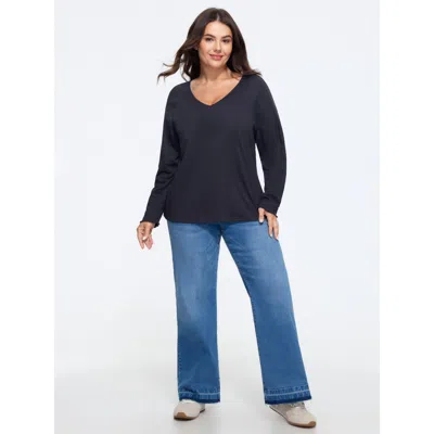 Bloomchic Textured V‑neck Raglan Long Sleeve Basic T-shirt In Blue