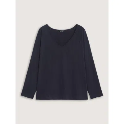 Bloomchic Textured V‑neck Raglan Long Sleeve Basic T-shirt In Blue