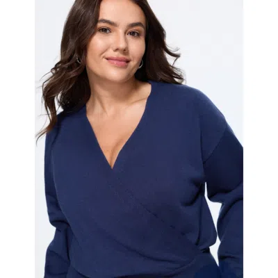 Bloomchic Wrap Neck Drop Shoulder Ribbed Hem Pullover In Blue