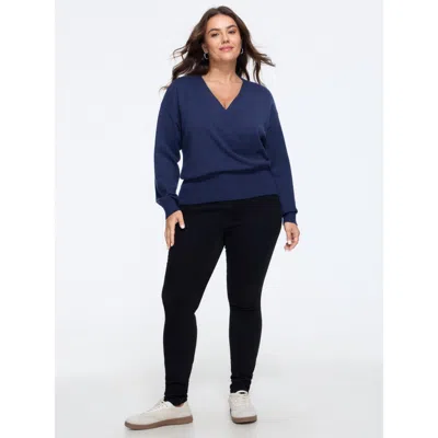 Bloomchic Wrap Neck Drop Shoulder Ribbed Hem Pullover In Blue