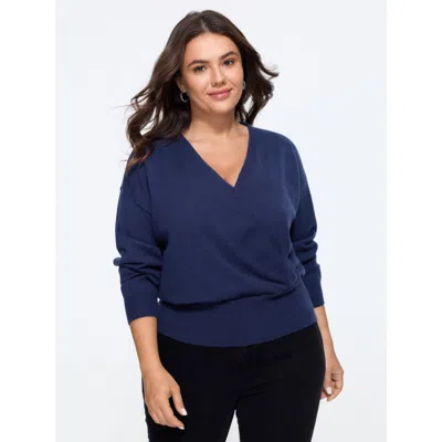 Bloomchic Wrap Neck Drop Shoulder Ribbed Hem Pullover In Blue
