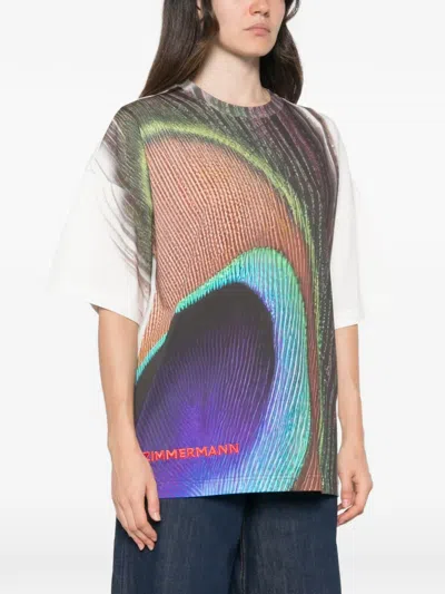 Zimmermann Peacock-print Embroidered T-shirt In Multi
