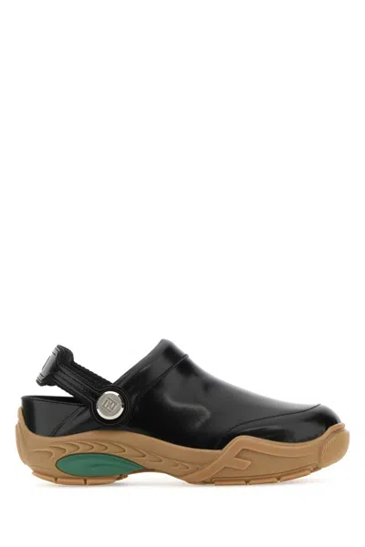 Fendi Ff-embroidered Leather Clogs In Black