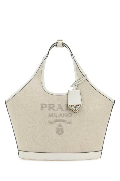 Prada Sand Canvas Handbag 34cm X 23cm X 13cm In Neutral