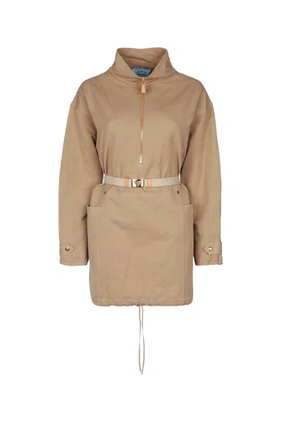 Prada Half Zipped Drawstring Jacket In Brown