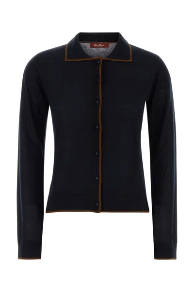 Mm Studio Silk Blend Targo Cardigan Collared Contrast Trim In Blue