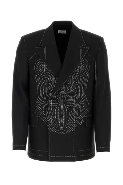 Off-white Inspired Stretch Blazer In Polyester Wool Blend In Black