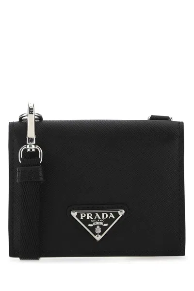 Prada Leather Cardholder With Silver-tone Hardware In Black