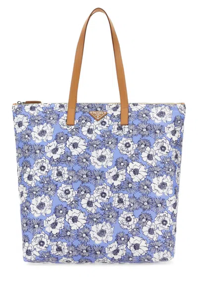 Prada Printed Re-nylon Shopping Bag In Blue