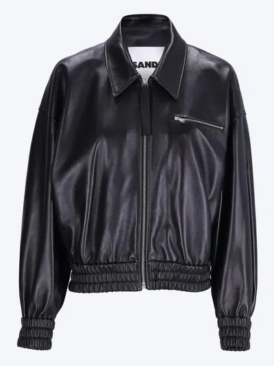 Jil Sander Leather Bomber Jacket Collared Pockets Elasticated Hem In Black