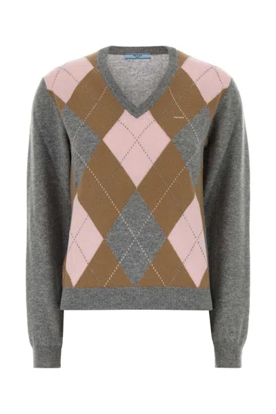 Prada Argyle-pattern V-neck Cashmere Sweater In Grey