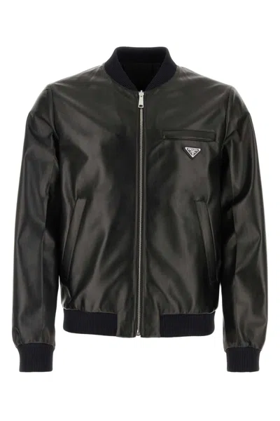 Prada Reversible Nappa Leather Bomber Jacket In Black