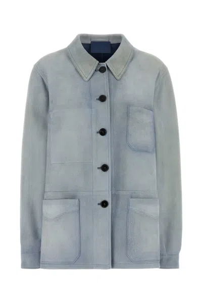 Prada Suede Jacket Long Sleeves Collar Pockets In Blue