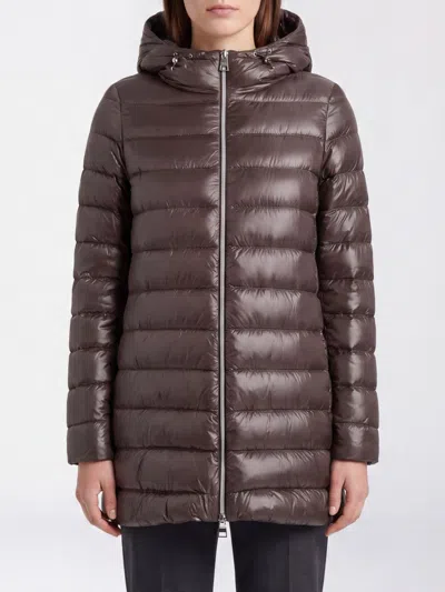 Herno Long Quilted Nylon Hooded Puffer Coat With Down Padding In Brown