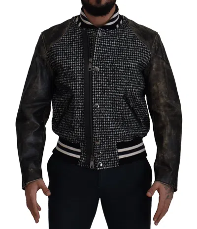 Dolce & Gabbana Houndstooth-pattern Distressed Bomber Jacket In Black