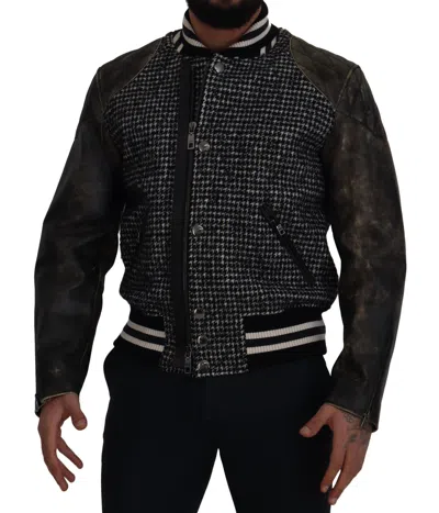 Dolce & Gabbana Houndstooth-pattern Distressed Bomber Jacket In Black