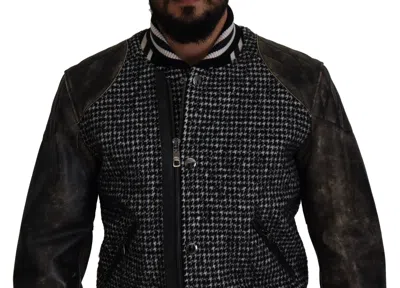 Dolce & Gabbana Houndstooth-pattern Distressed Bomber Jacket In Black
