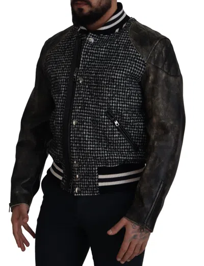 Dolce & Gabbana Houndstooth-pattern Distressed Bomber Jacket In Black