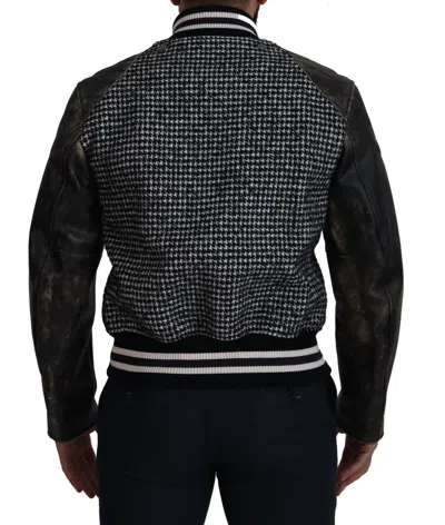 Dolce & Gabbana Houndstooth-pattern Distressed Bomber Jacket In Black