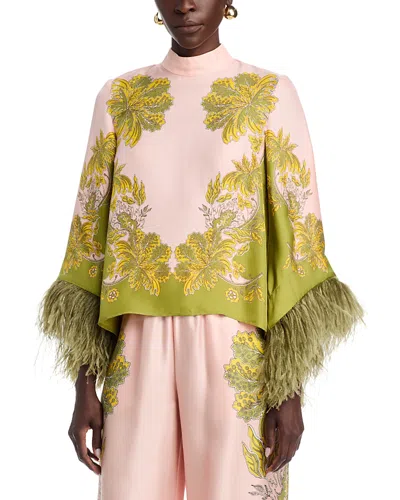 La Doublej Make An Exit Feather-trimmed Silk Twill Top In Multi