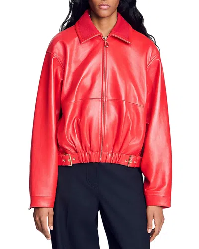 Sandro Clemy Zip Front Leather Jacket In Red