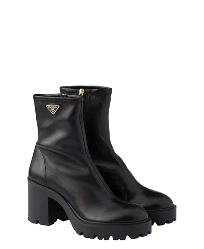 Prada Stretch Leather Platform Ankle Boots In Black