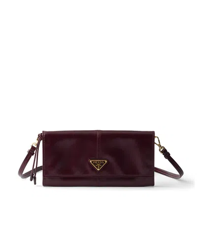 Prada Leather Wallet With Shoulder Strap In Orange