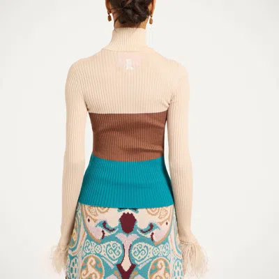 La Doublej High Knick Top With Feathers In Color Block Ecru, Tobacco, And Light Blue
