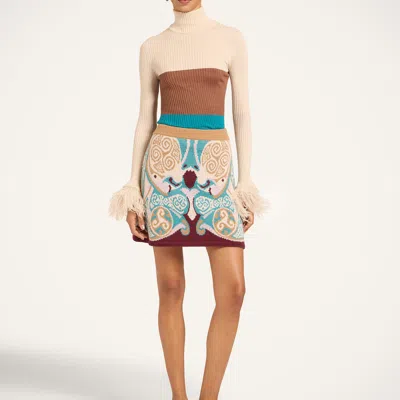 La Doublej High Knick Top With Feathers In Color Block Ecru, Tobacco, And Light Blue
