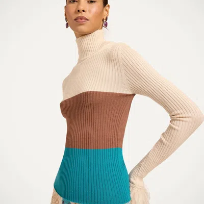 La Doublej High Knick Top With Feathers In Color Block Ecru, Tobacco, And Light Blue