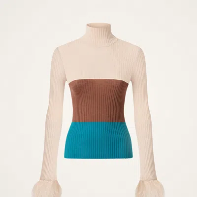La Doublej High Knick Top With Feathers In Color Block Ecru, Tobacco, And Light Blue