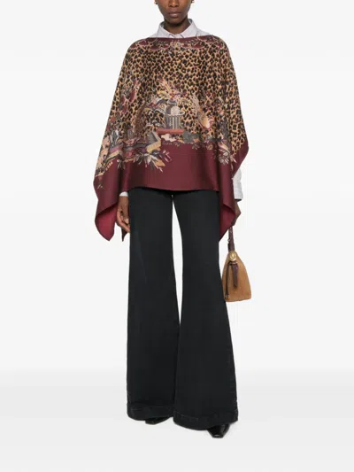 Etro Poncho With Leopard Print And Floral Pattern In Brown