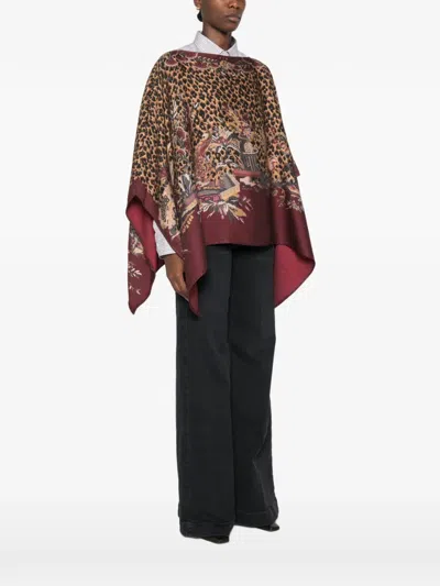 Etro Poncho With Leopard Print And Floral Pattern In Brown