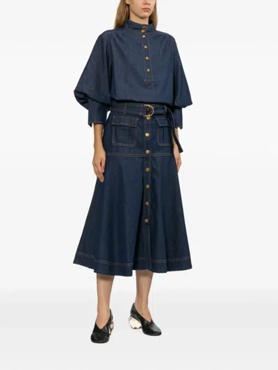 Zimmermann Belted Button-front Skirt In Blue