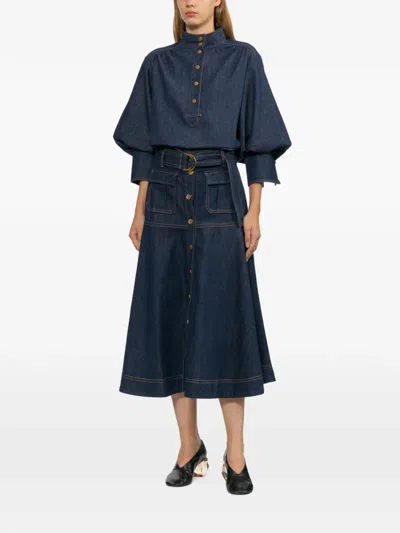 Zimmermann Belted Button-front Skirt In Blue
